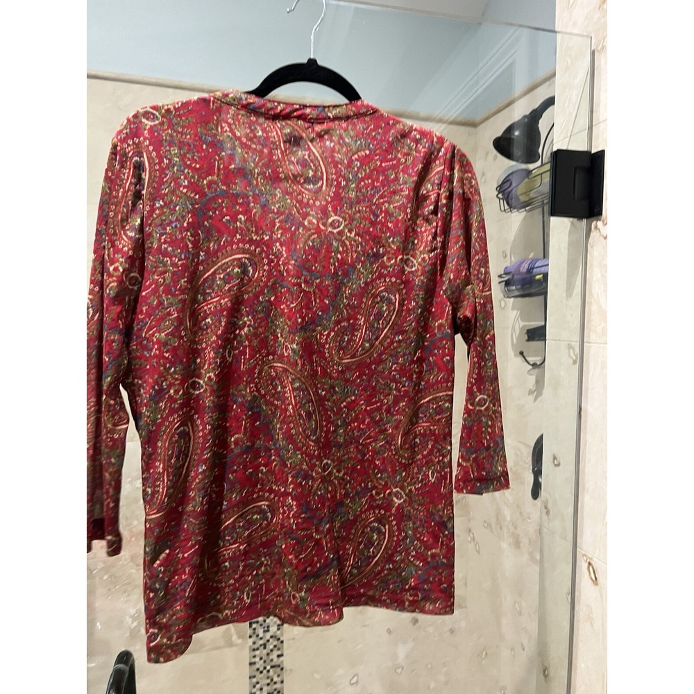 Chaps Ralph Lauren Red Paisley Mesh Ruffle V Neck Blouse Top XL 3/4 Sleeve - Picture 8 of 9